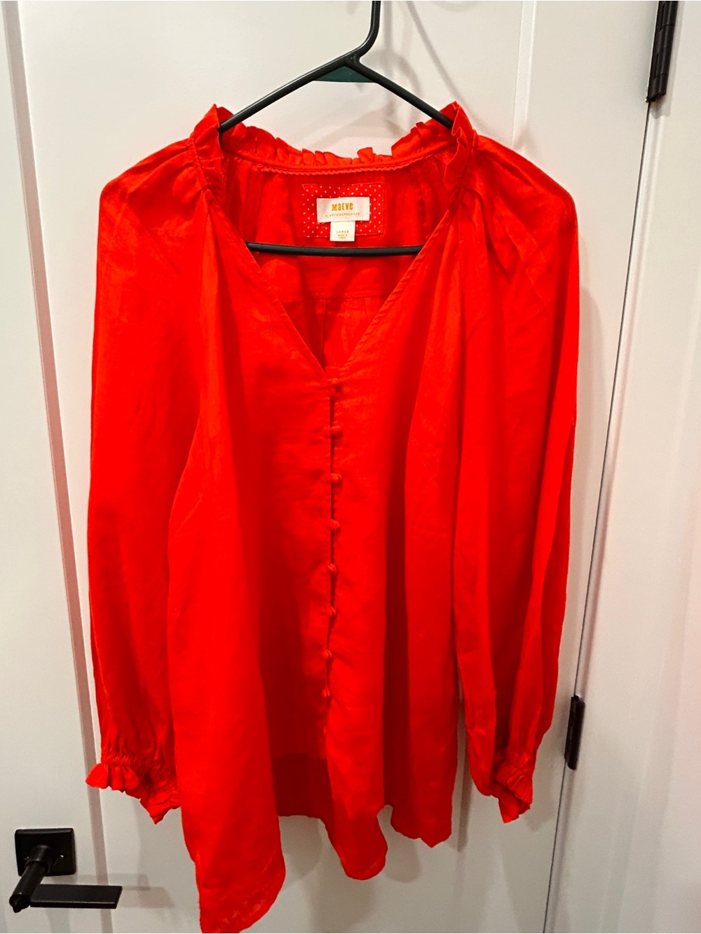 Maeve Bright Red Button-Front Long-Sleeve Linen Blouse